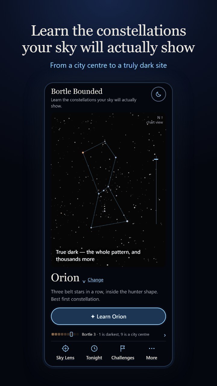 Bortle Bounded home screen with Orion selected