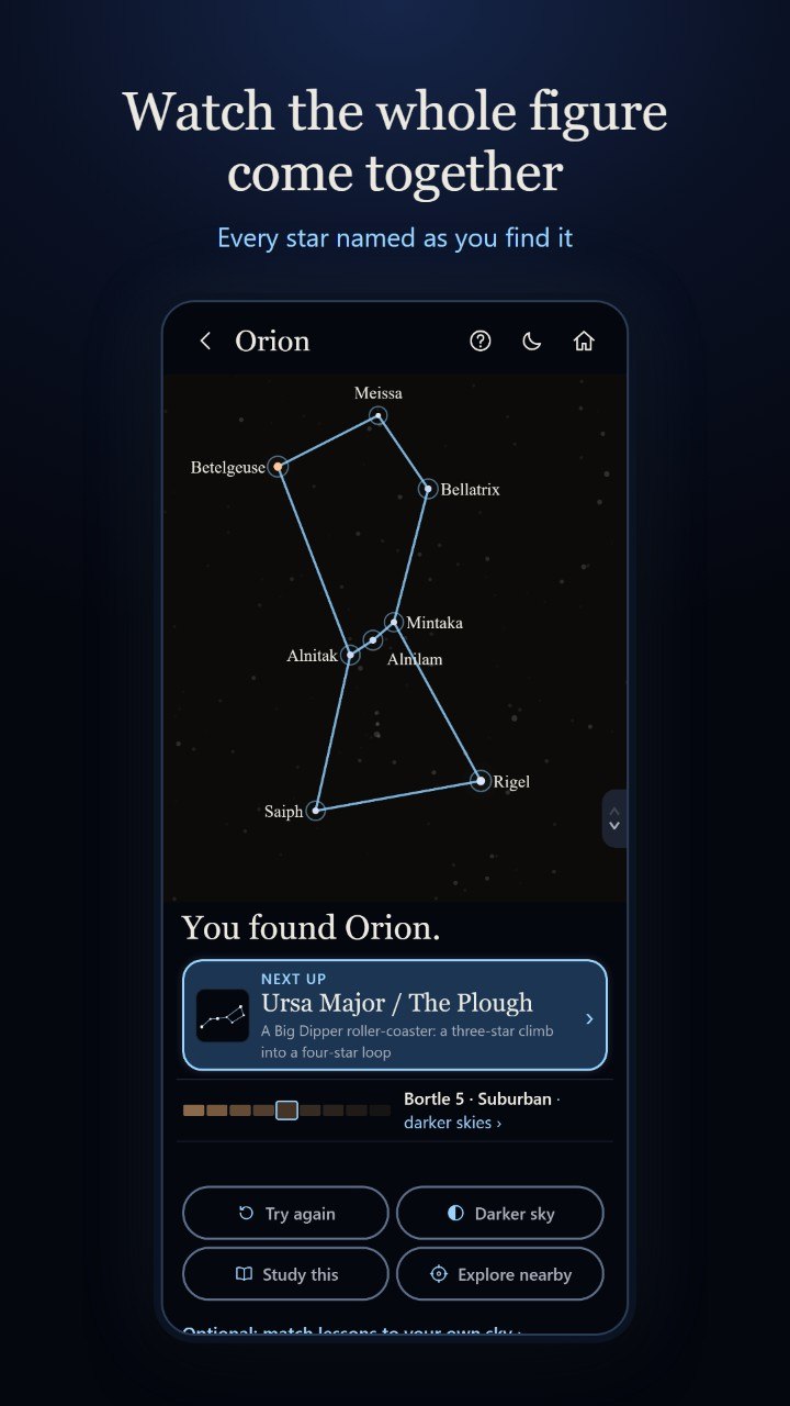 Bortle Bounded congratulating the learner for finding Orion