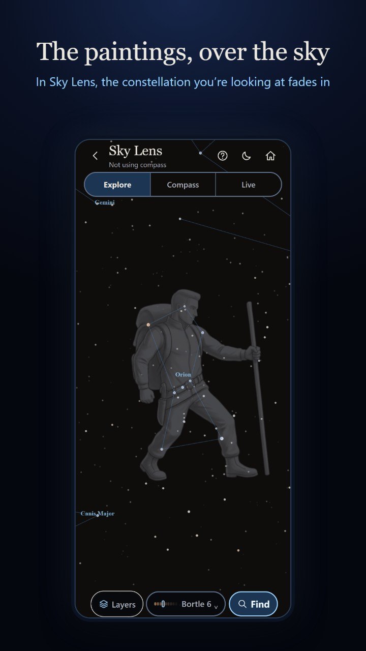 Sky Lens displaying Orion over a real sky view