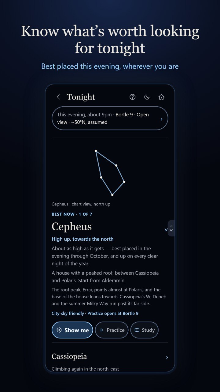 Bortle Bounded Tonight screen showing Cepheus as a current observing suggestion